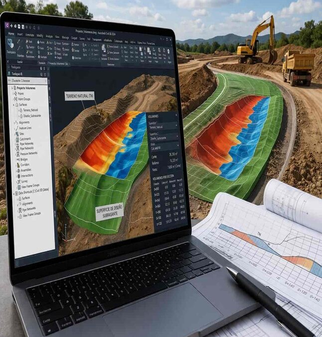 Cálculo de cantidades en ingeniería civil con Civil 3D: precisión, control y organización de volúmenes