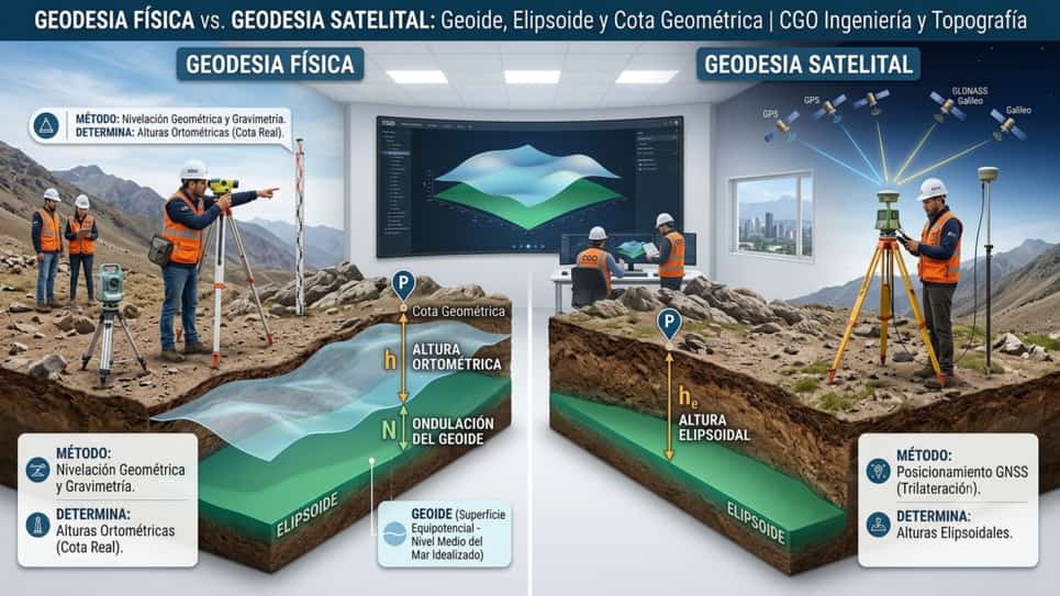 Geodesia Física vs. Geodesia Satelital: Entendiendo la diferencia entre el Geoide, el Elipsoide y la Cota Geométrica