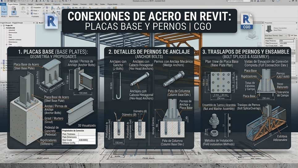Conexiones de Acero en Revit: Placas Base y Pernos